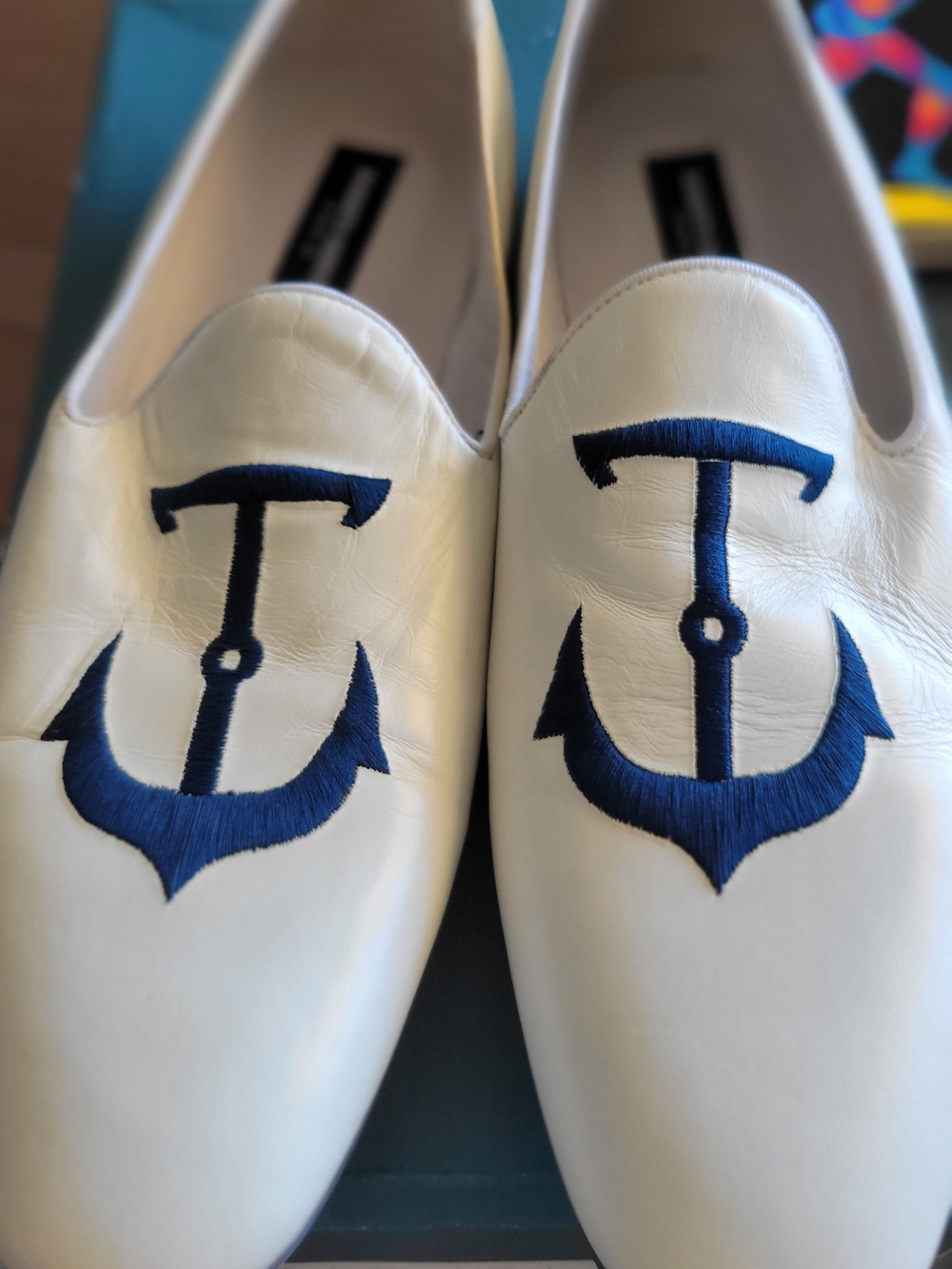 Men's White Leather Slip-On Loafers with Navy Anchor Embroidery